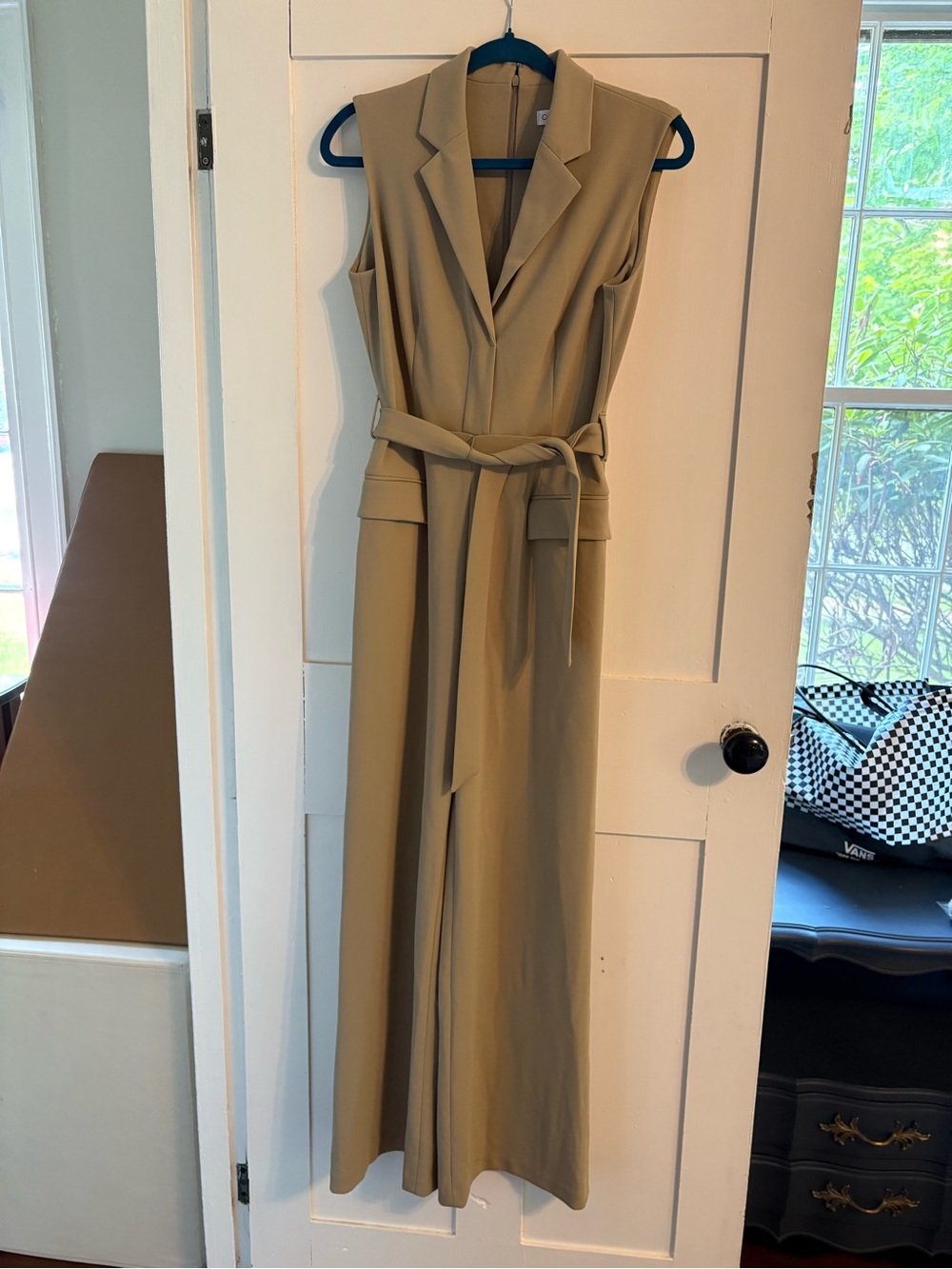 Calvin Klein Sleeveless Belted Jumpsuit in Light Tan